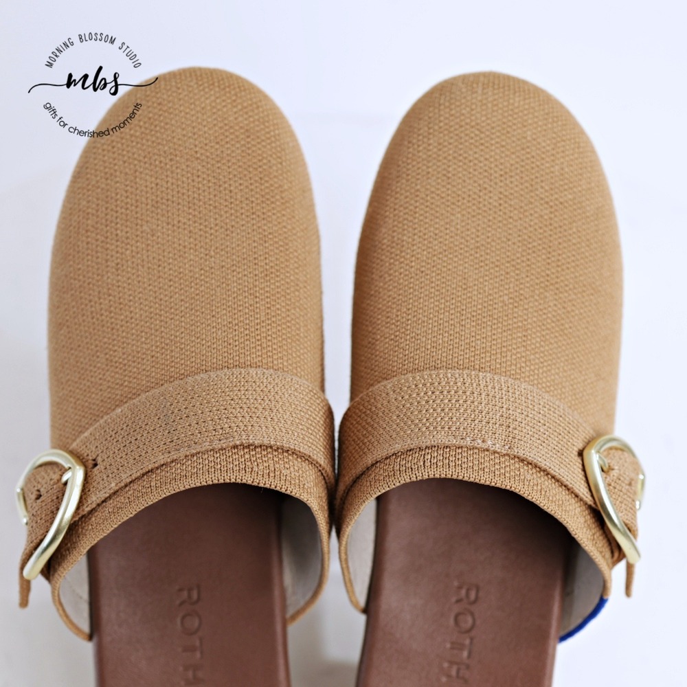 Rothy's Tan Canvas Clog Mules with Gold Buckle - Picture 14 of 14